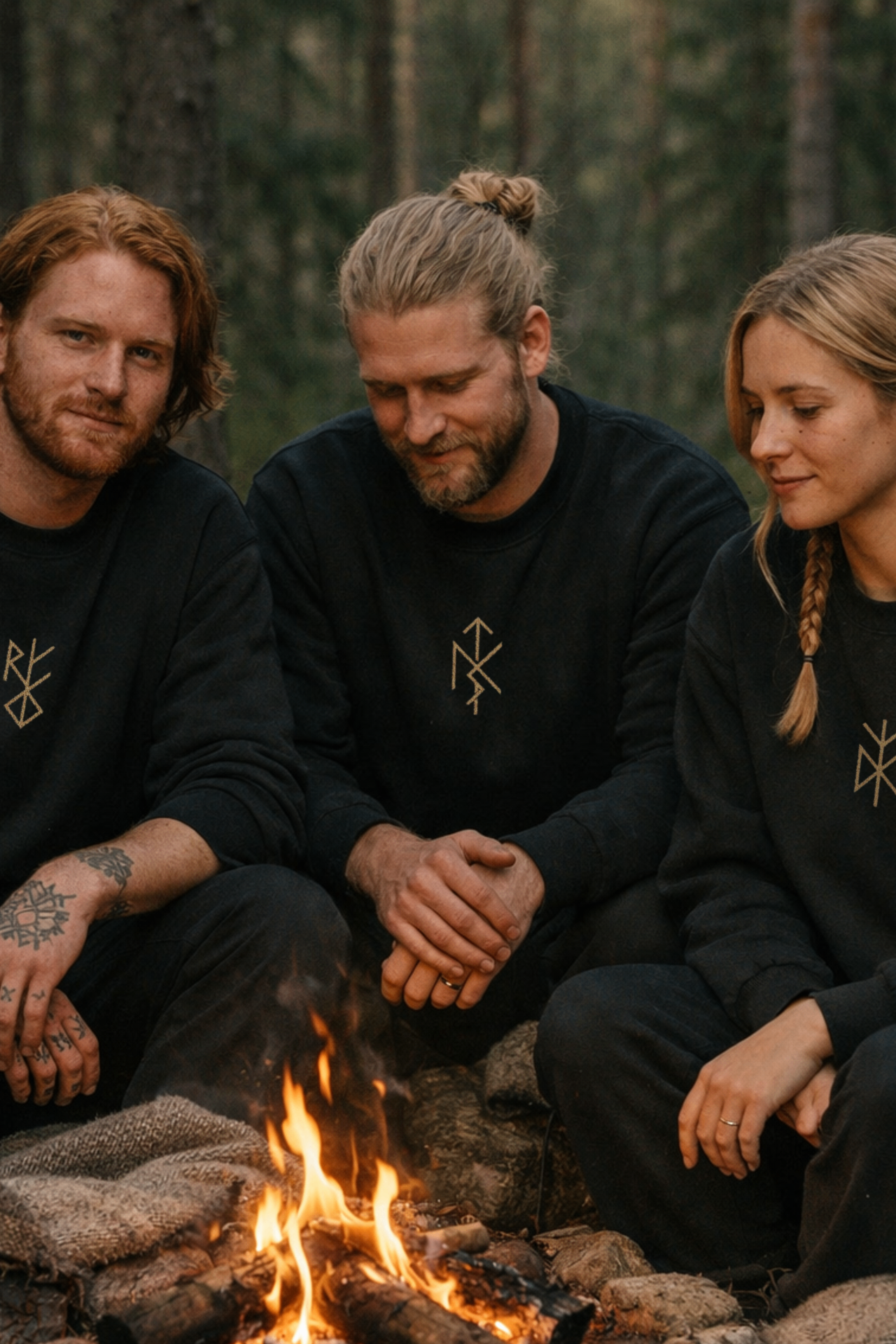 Three friends in black Norse bind-rune sweatshirts sitting around a campfire in a Nordic pine forest