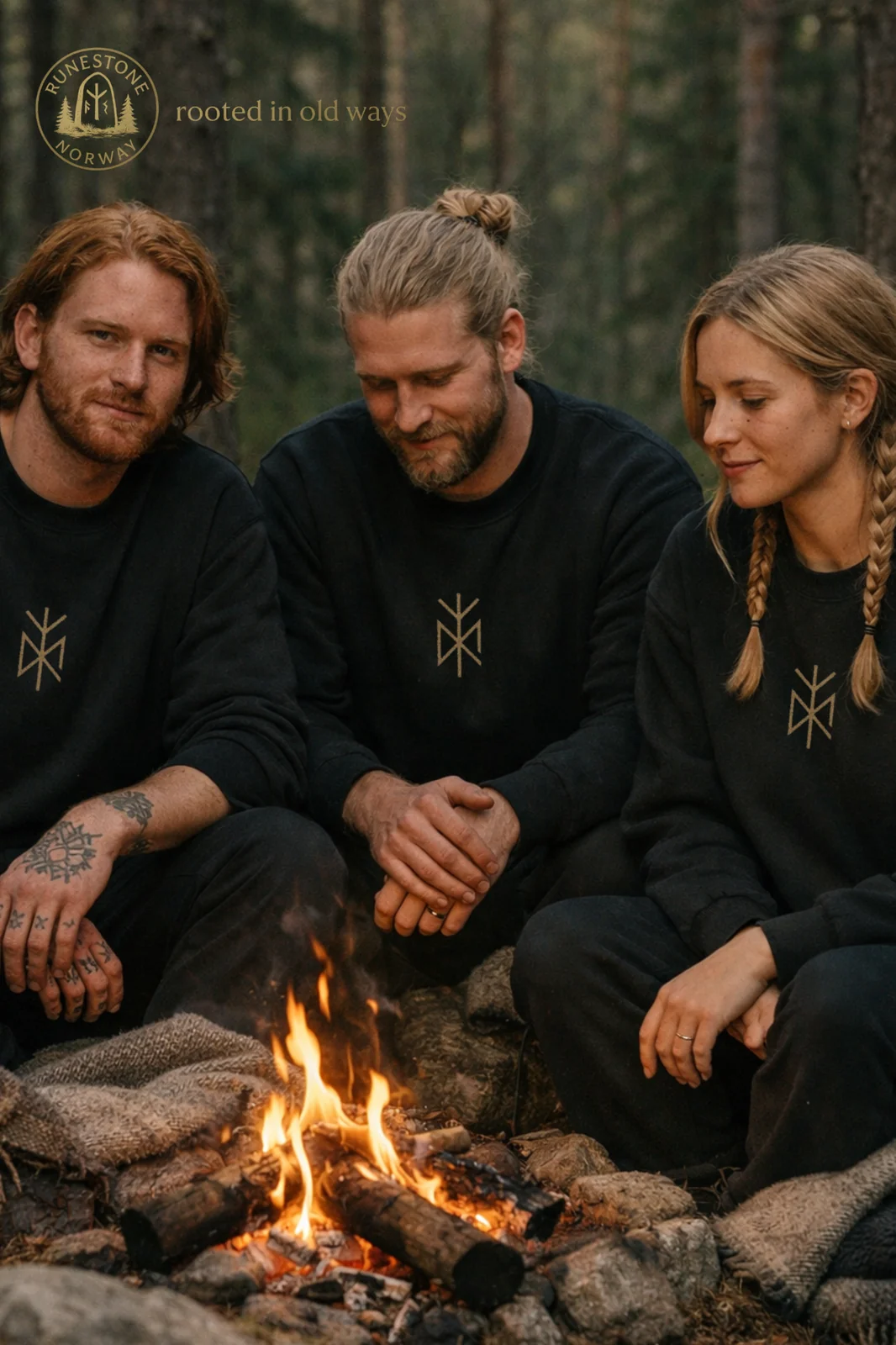 Three friends in black Norse bind-rune sweatshirts sitting around a campfire in a Nordic pine forest