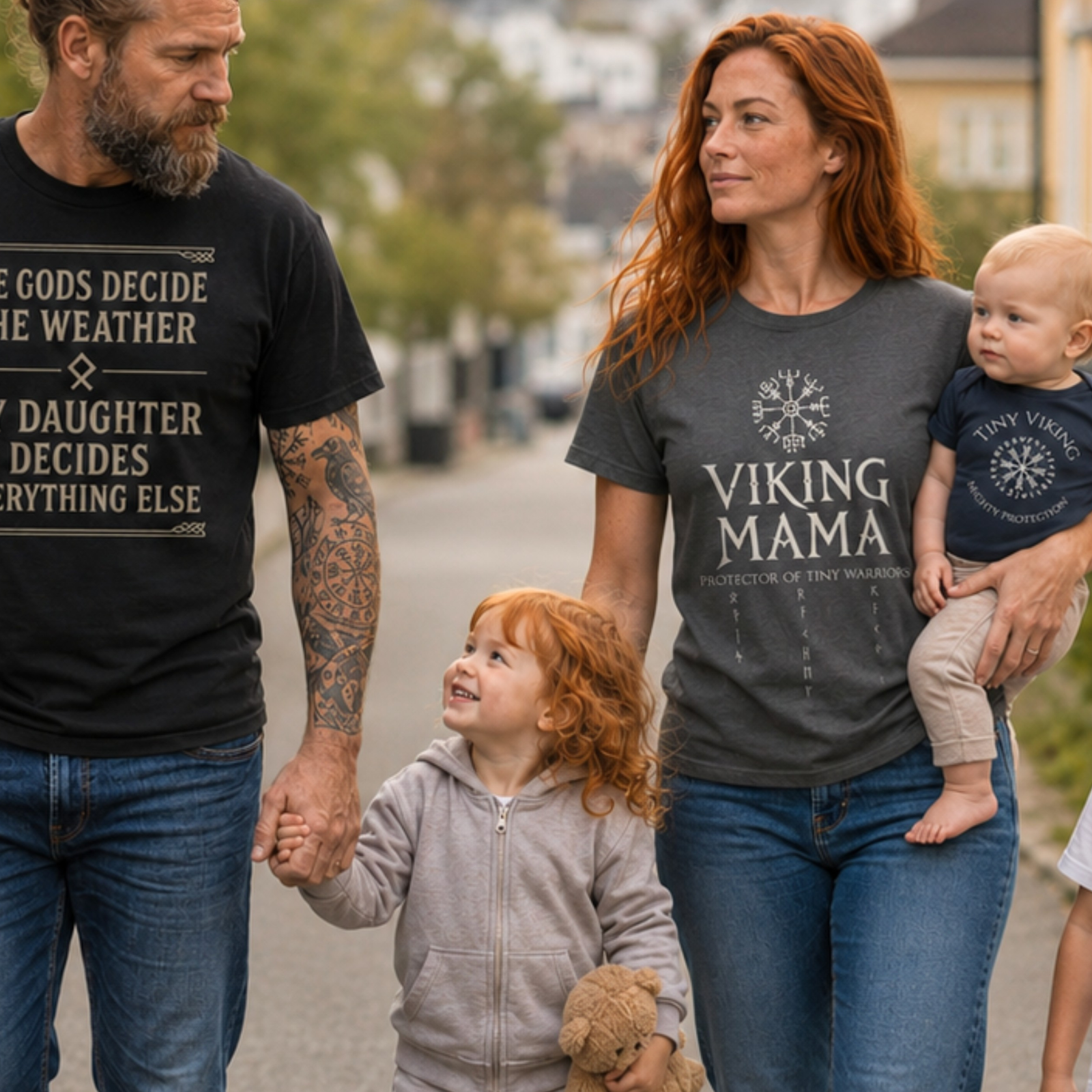 A Norwegian family — father, mother, young daughter, and toddler — wearing Runestone Norway Norse-inspired apparel on a quiet street
