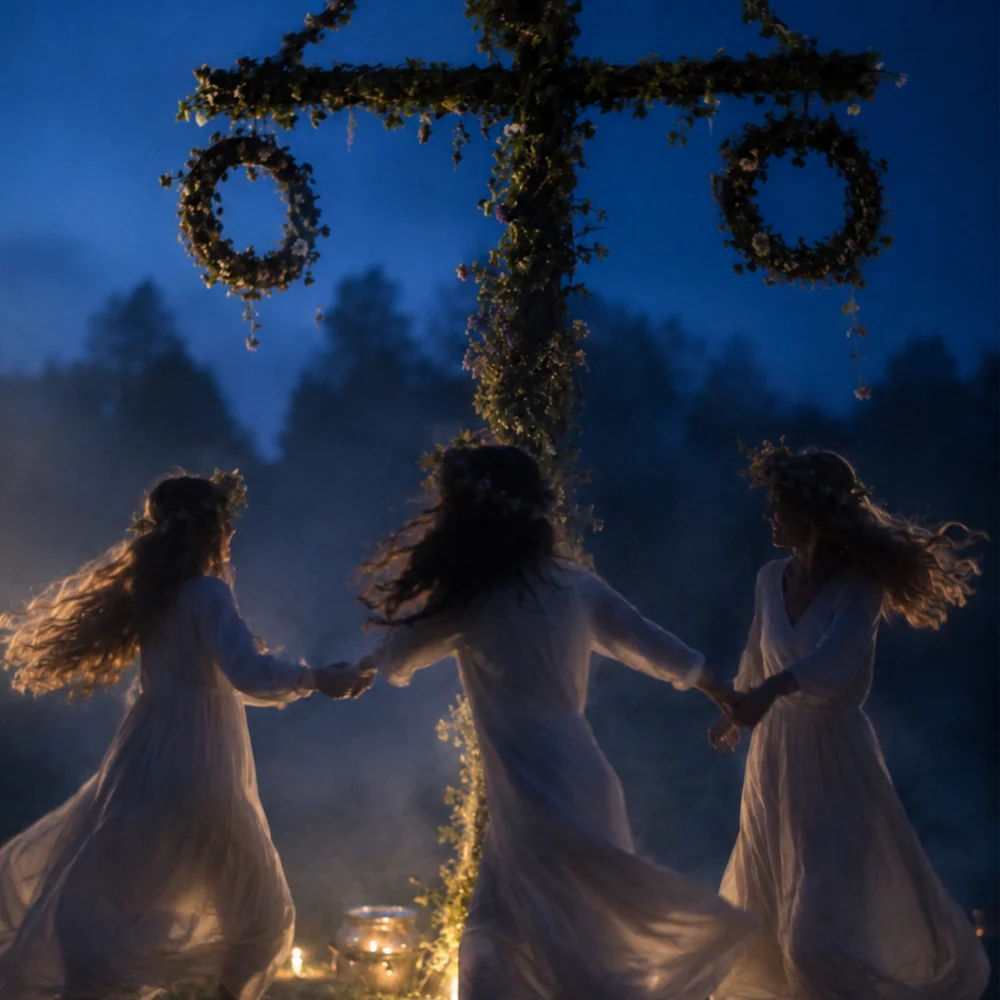 Midsummer gathering — figures in white dresses with flower crowns walking hand in hand through a birch forest at dusk