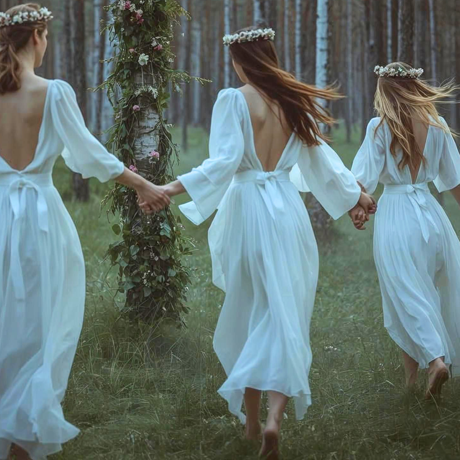 Midsummer gathering — figures in white dresses with flower crowns walking hand in hand through a birch forest at dusk