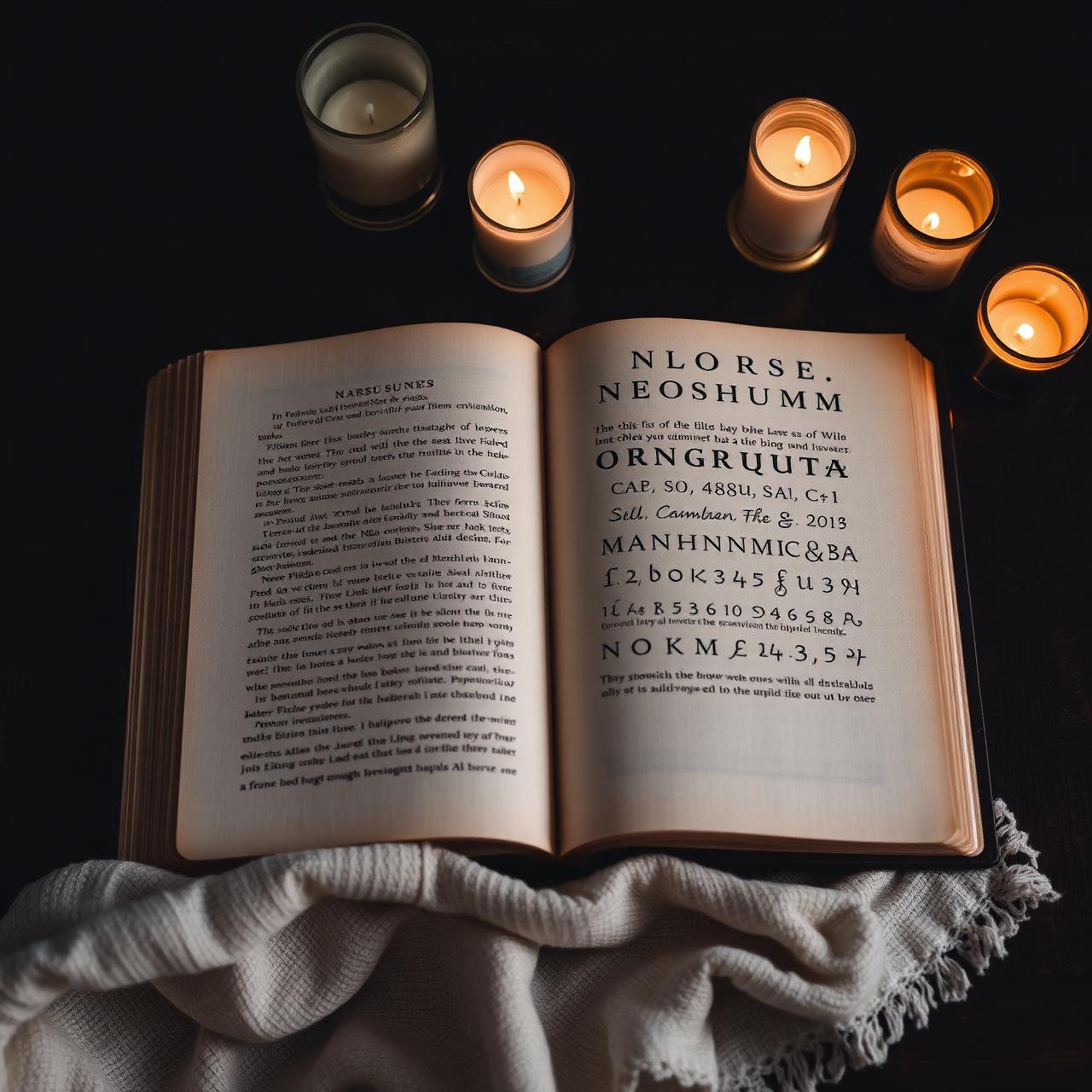 A linen book of Norse runes lit by candles